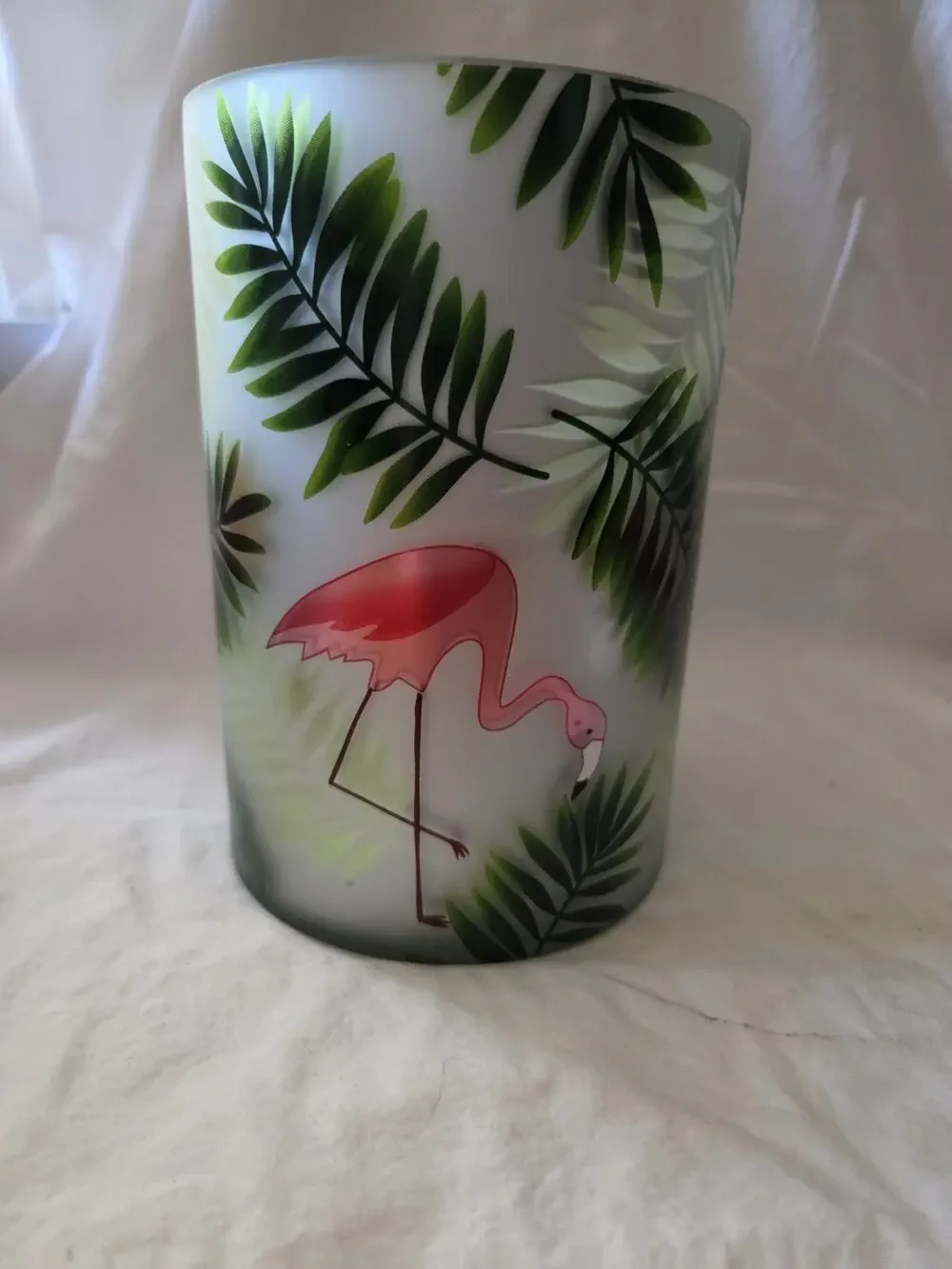 Yankee Candle Frosted Large Jar Holder PARADISE FLAMINGO Vibrant Palms Preowned